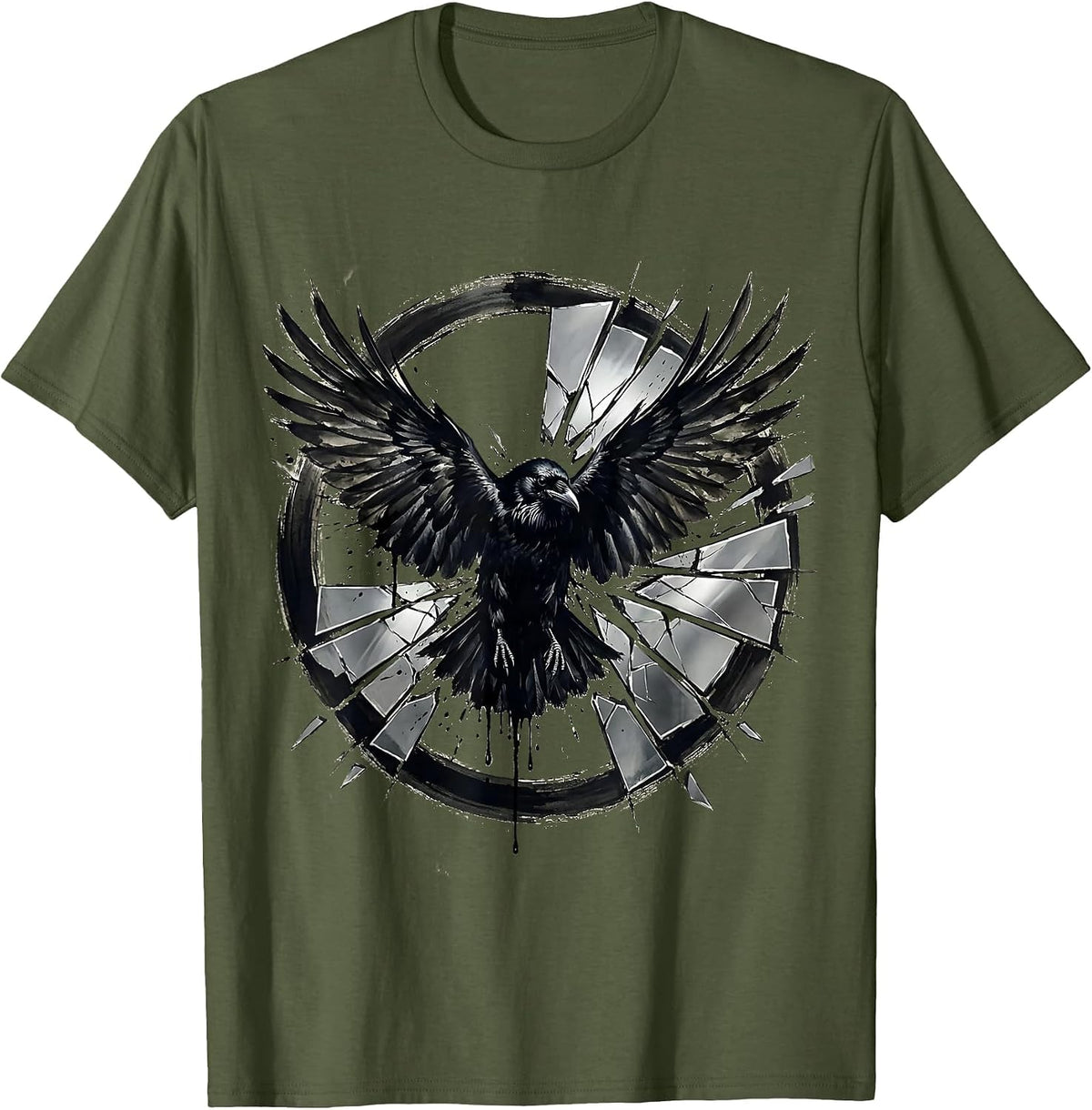Crow Bursting Through Cracked Mirror Shards T-Shirt - Olive Green