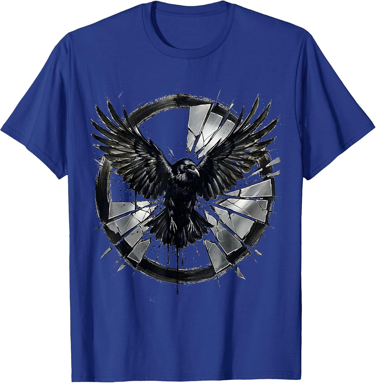 Crow Bursting Through Cracked Mirror Shards T-Shirt - Royal Blue