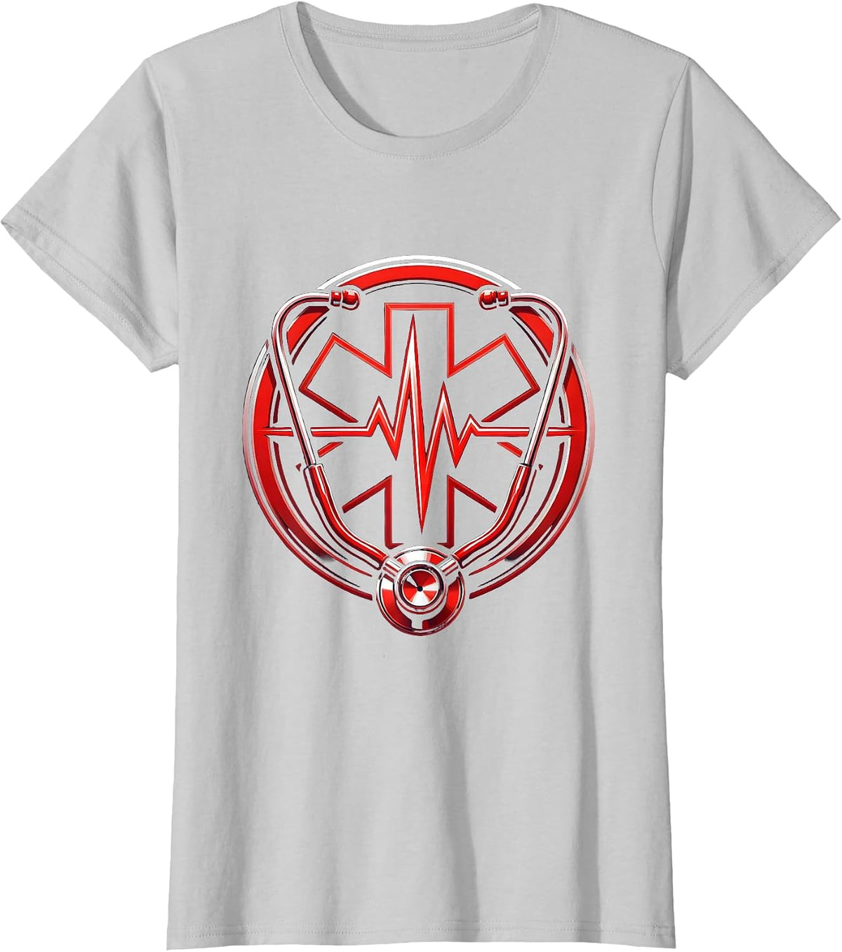 EMT Stethoscope Heartbeat Line Graphic T-Shirt - Silver Grey