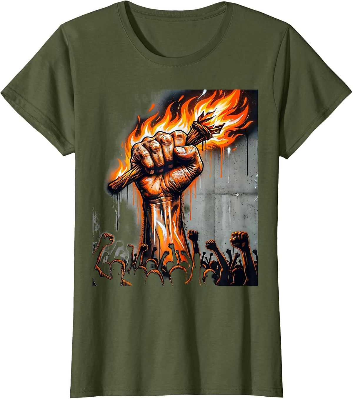 Women's Free Speech Torch Bearer Crowd Illustration T-Shirt - Olive Green