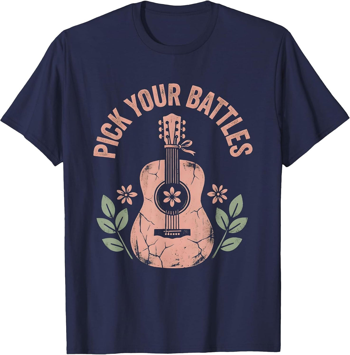Pick Your Battles Guitar Music Graphic Design T-Shirt - Navy Blue