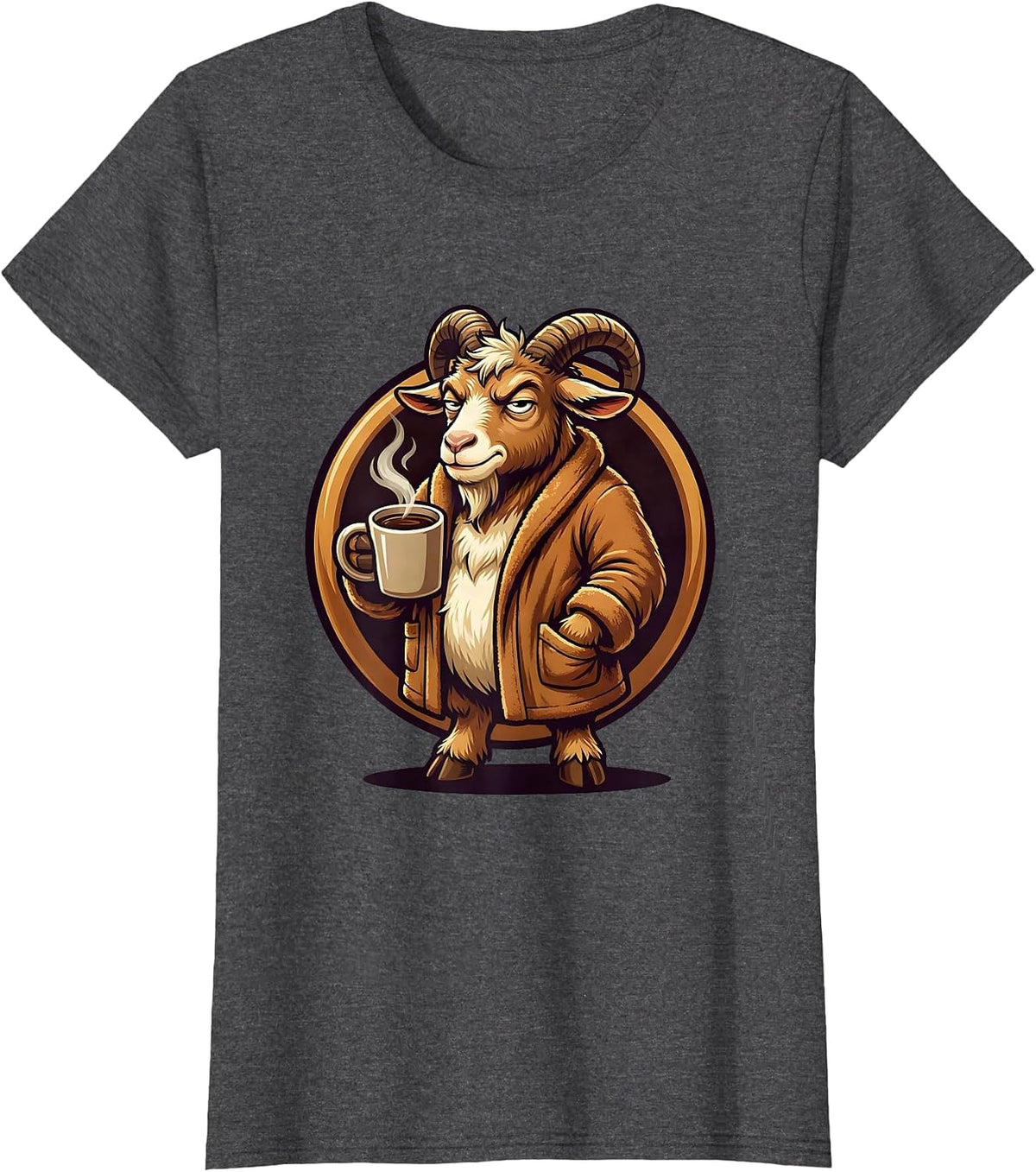 Women's Goat in Bathrobe Morning Coffee Funny Illustration T-Shirt - Dark Heather Grey