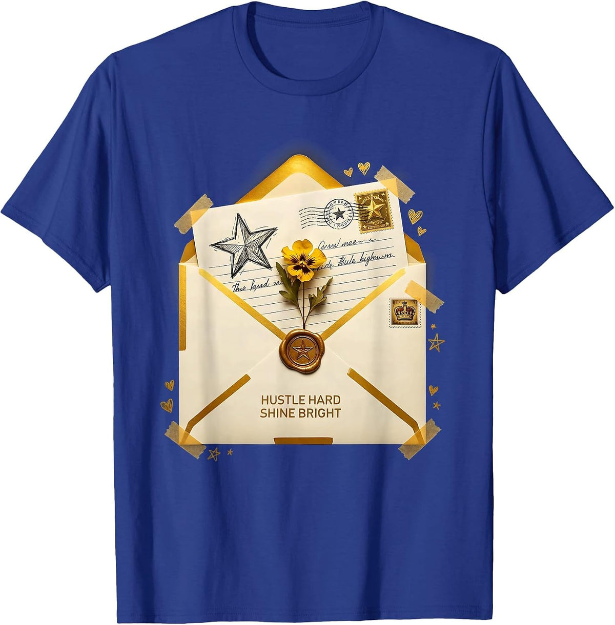 Men's Hustle Hard Shine Bright Black and Gold Design T-Shirt - Royal Blue