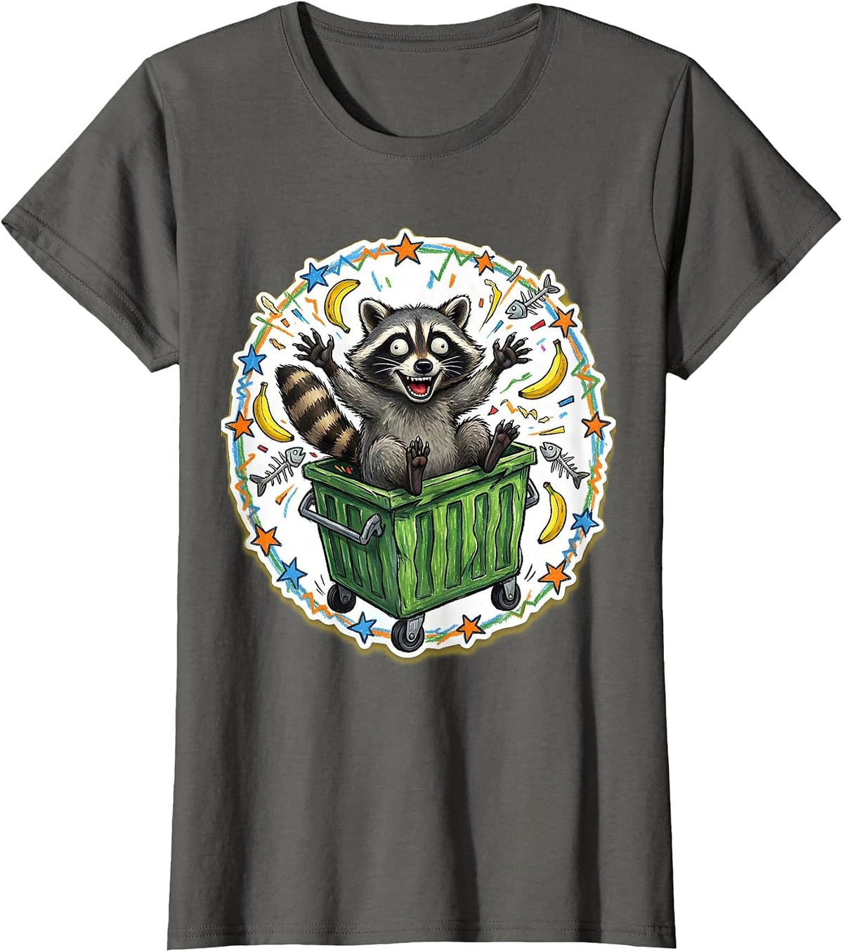 Women's Raccoon Dumpster Dramatic Emergence Funny Wildlife T-Shirt - Asphalt Grey
