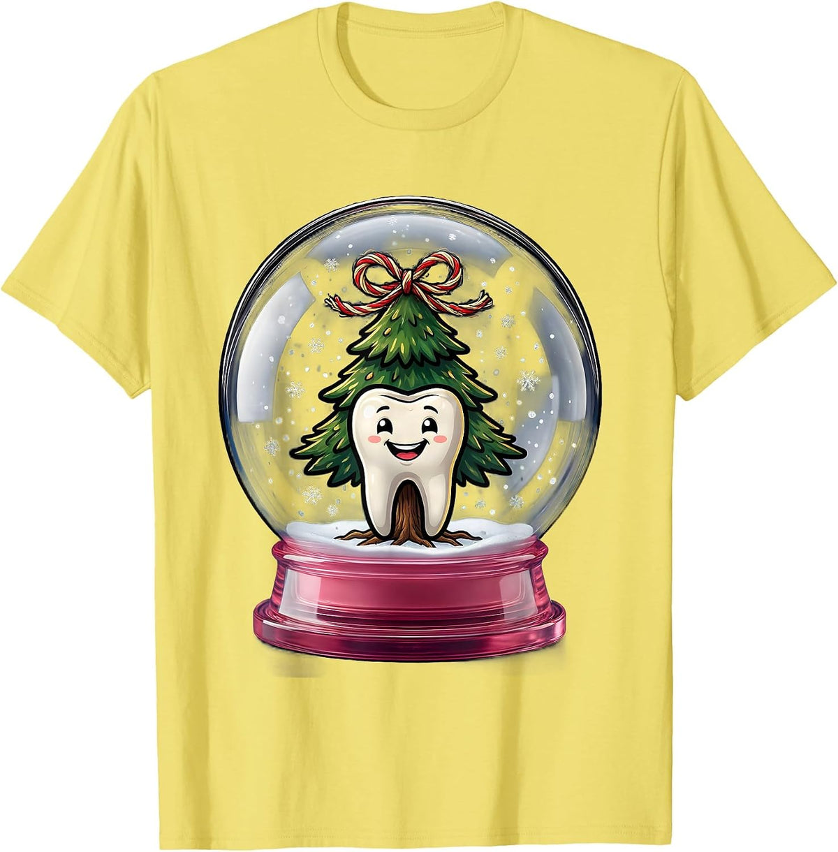 Men's Oversized Retainer Snow Globe Cartoon Dentist Christmas T-Shirt - Lemon Yellow