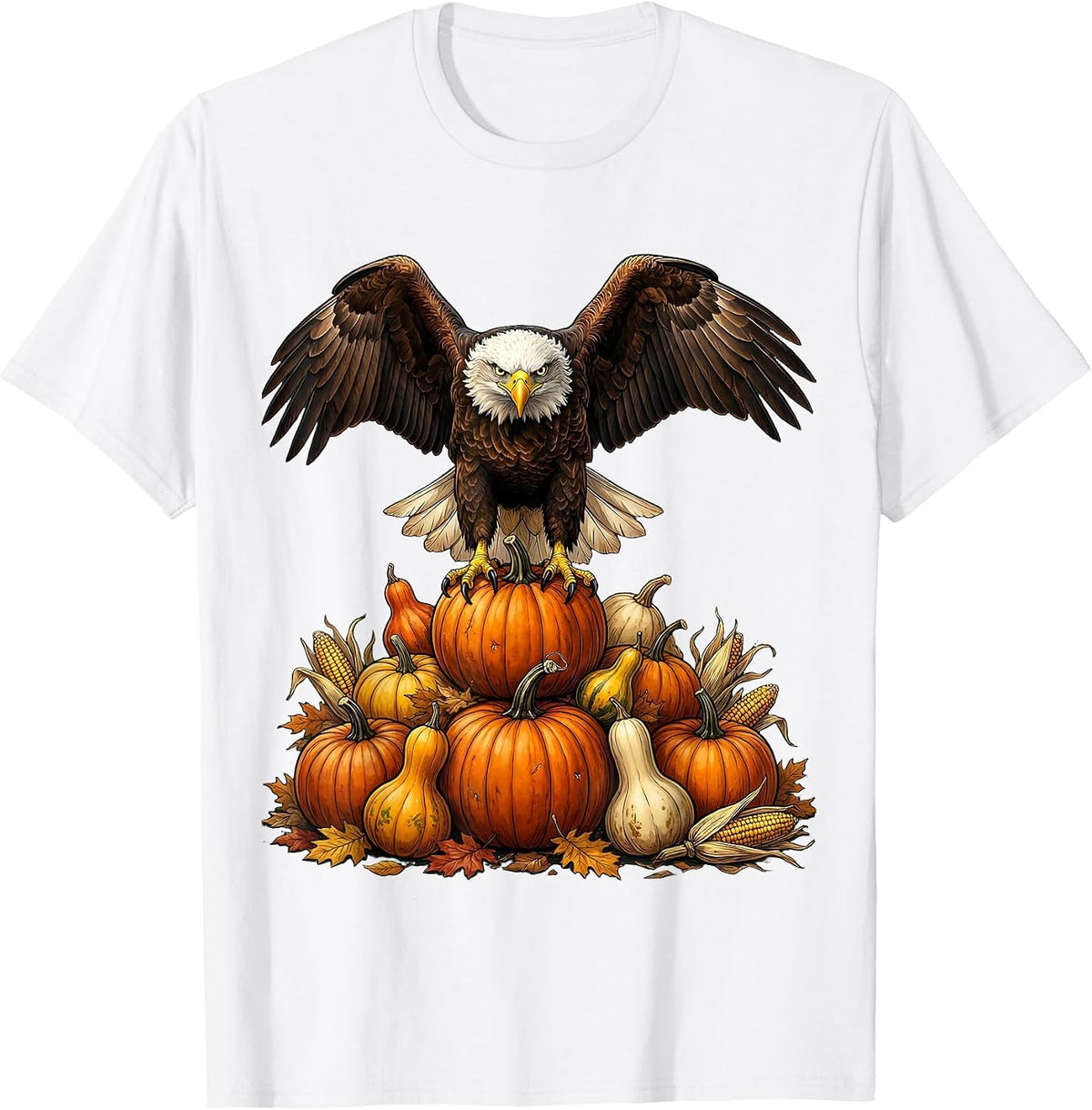 Men's Bald Eagle Perched on Pumpkins Thanksgiving T-Shirt - White