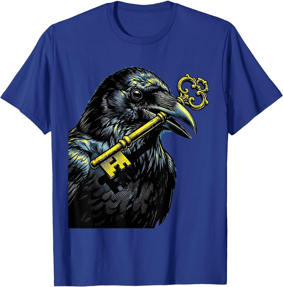 Men's Crow Clutching a Key Illustration Design T-Shirt - Royal Blue