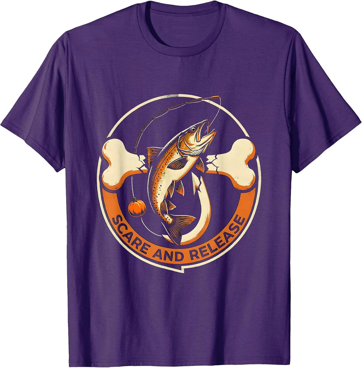 Scare and Release Funny Halloween Skeleton Fishing Trout T-Shirt - Purple
