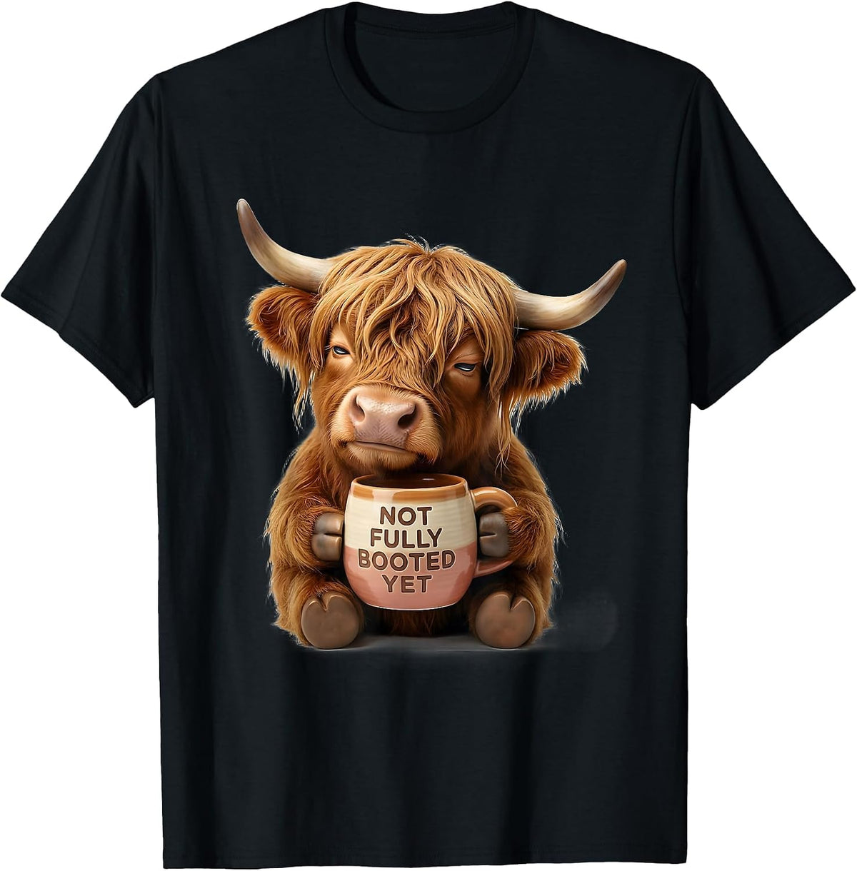 Men's Not Fully Booted Yet Cute Kawaii Highland Cow Coffee Lover T-Shirt - Black
