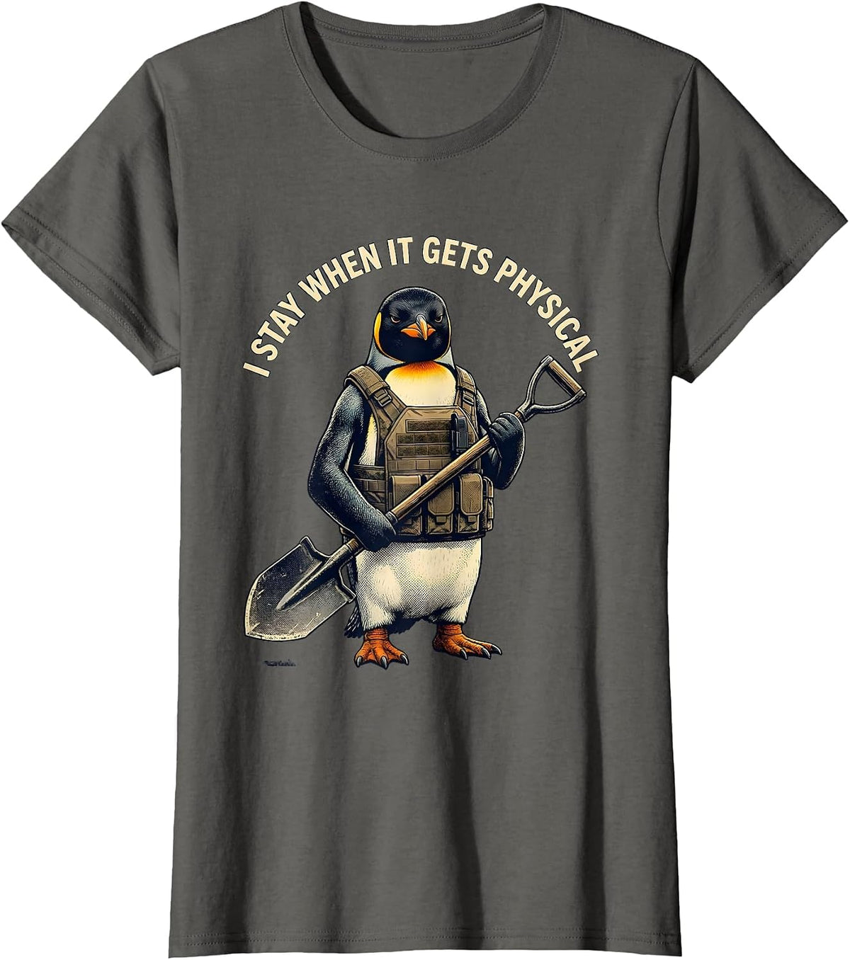 Women's I Stay When It Gets Physical Funny Penguin Tactical Bird T-Shirt - Asphalt Grey