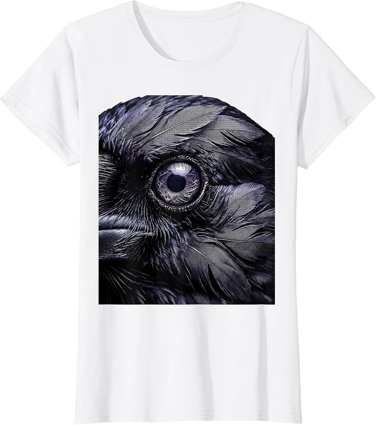Close-Up Crow Eye Feather Detail Illustration T-Shirt - White