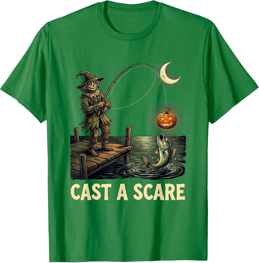 Men's Cast a Scare Spooky Halloween Fishing Ghost Trout Angler T-Shirt - Kelly Green