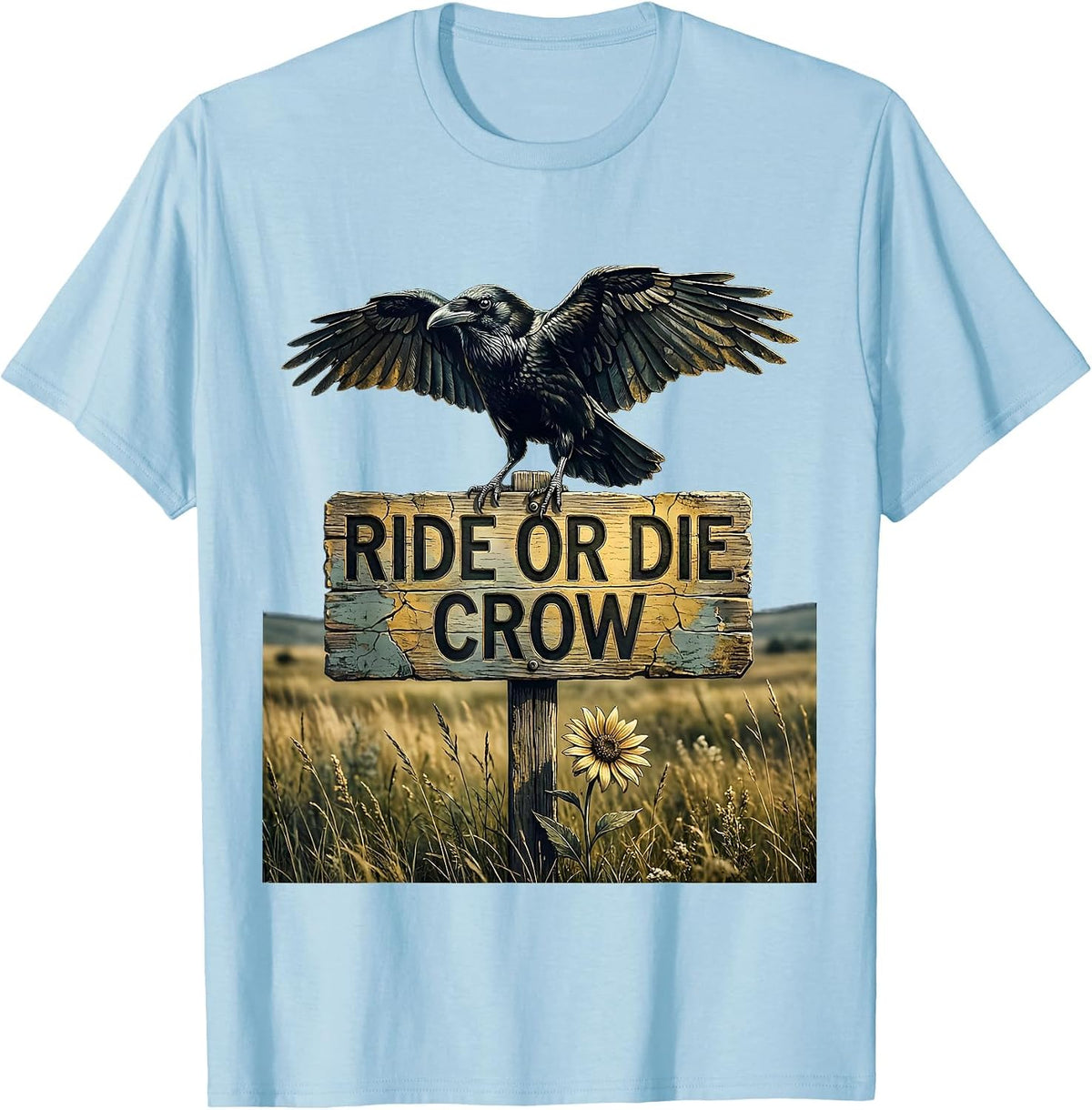 Ride or Die Crow Bold Dark Bird Design T-Shirt - Baby Blue