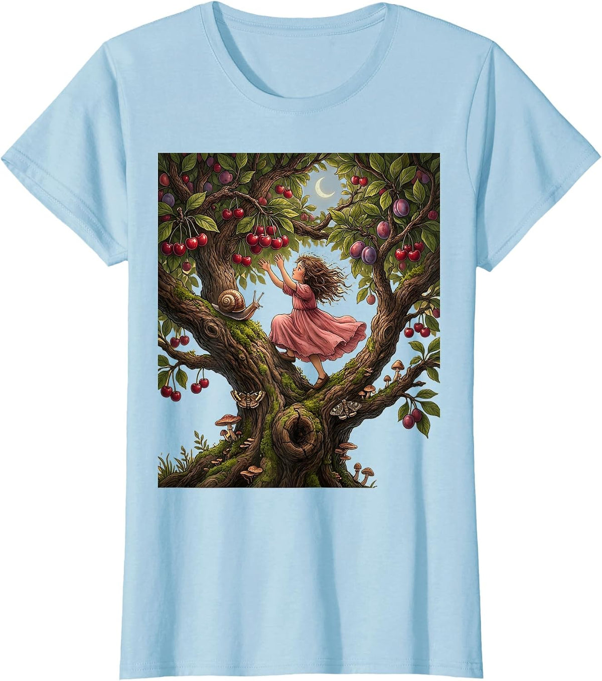 Girl Climbing Tree Ripe Fruit Illustration T-Shirt - Baby Blue