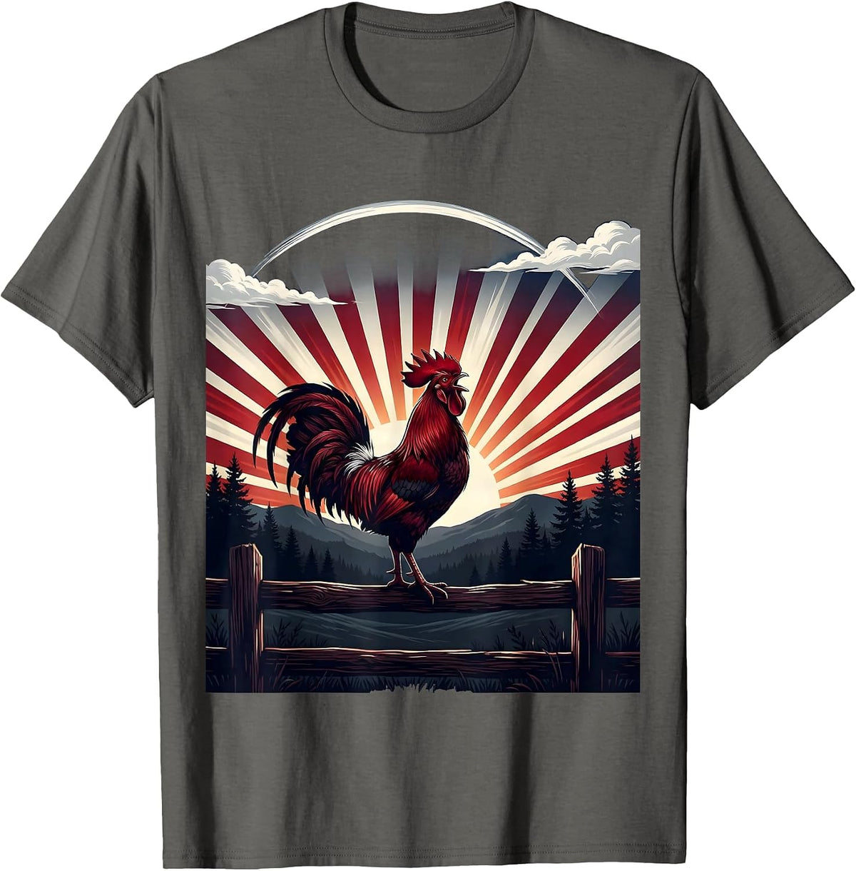 Rooster Crowing at Sunrise Red Sky Illustration T-Shirt - Asphalt Grey