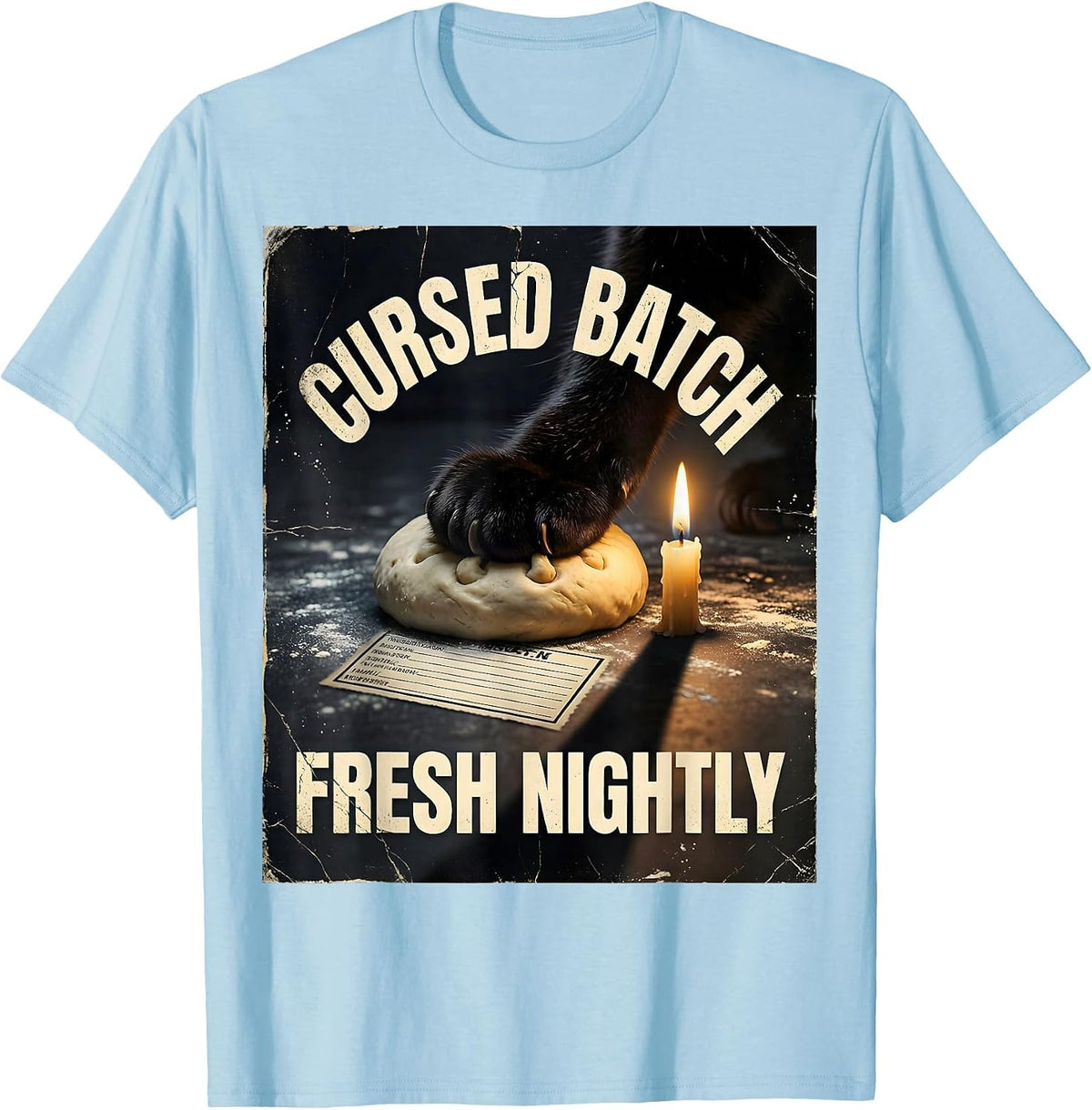 Men's Cursed Batch Fresh Nightly Distressed Black Cat Bakery Humor T-Shirt - Baby Blue