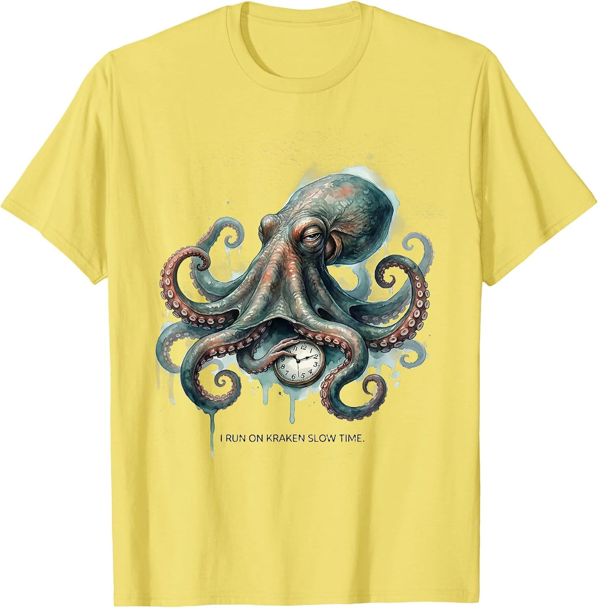 Men's I Run On Kraken Slow Time Watercolor Octopus Lover Gift T-Shirt - Lemon Yellow