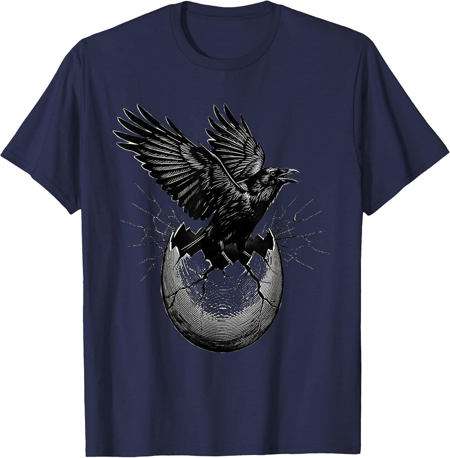 Crow Hatching From Cracked Egg Silhouette Design T-Shirt - Navy Blue