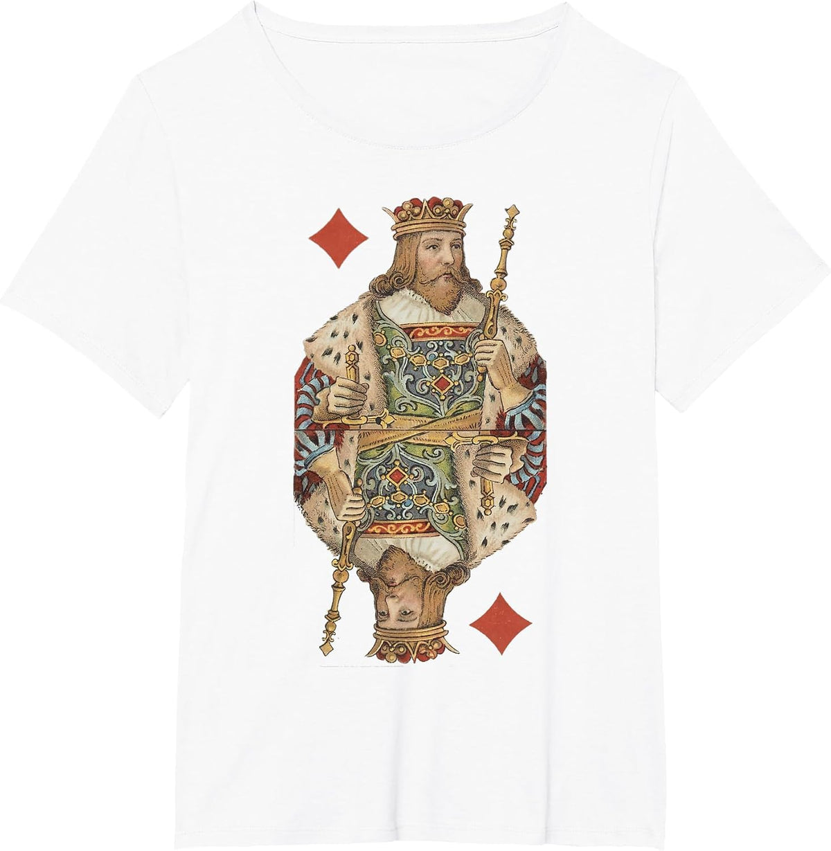 King of Diamonds Antique Art Nouveau Playing Card Art T-Shirt, Women's Plus, White, 6X - As Pictured
