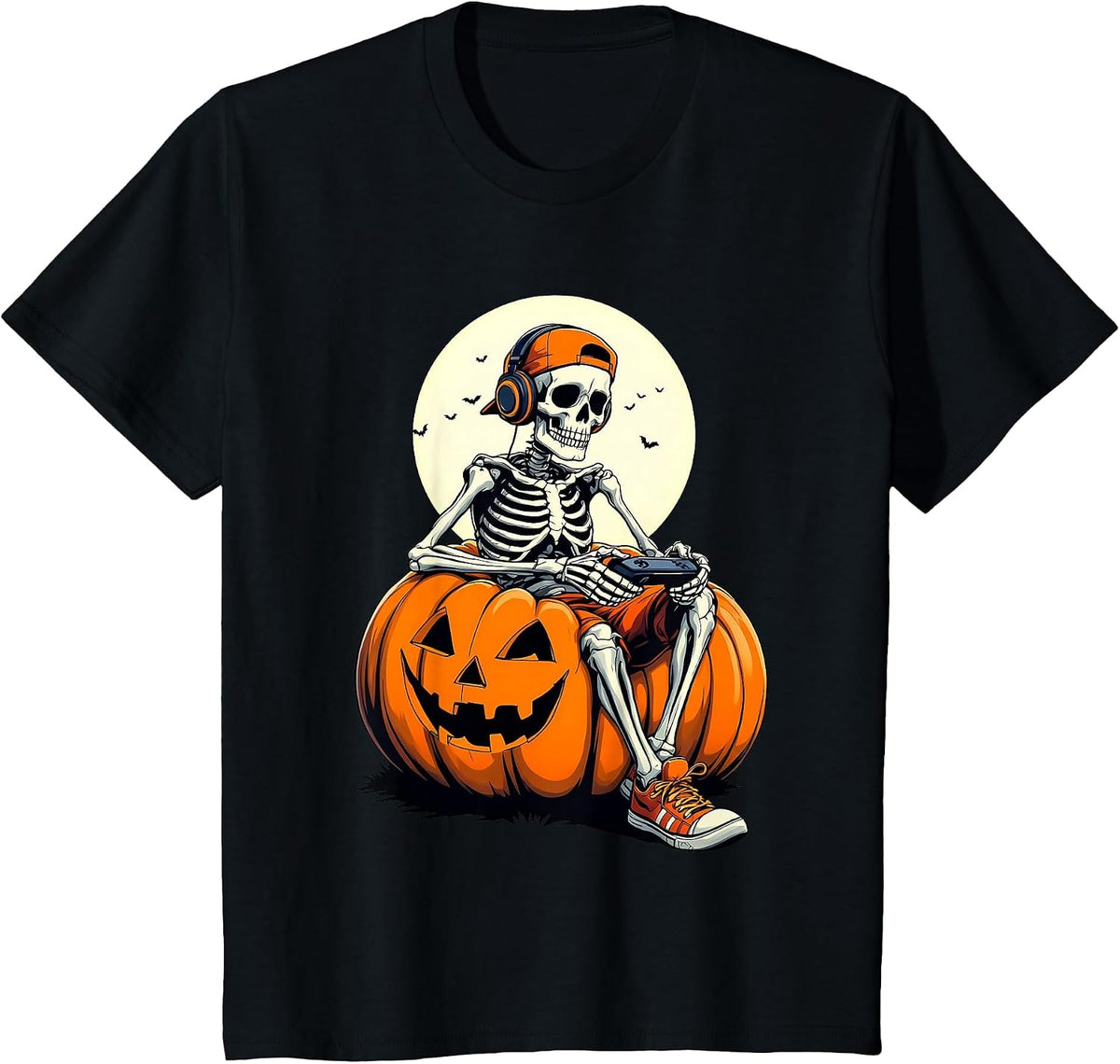 Spooky Pumpkin & Skeleton Gamer Tee | Boys & Kids Halloween T-Shirt - Black
