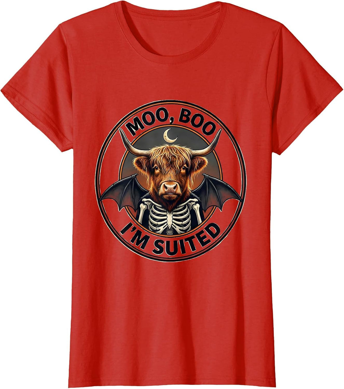 Moo, Boo, I'm Suited Funny Highland Cow Halloween Costume T-Shirt - Red