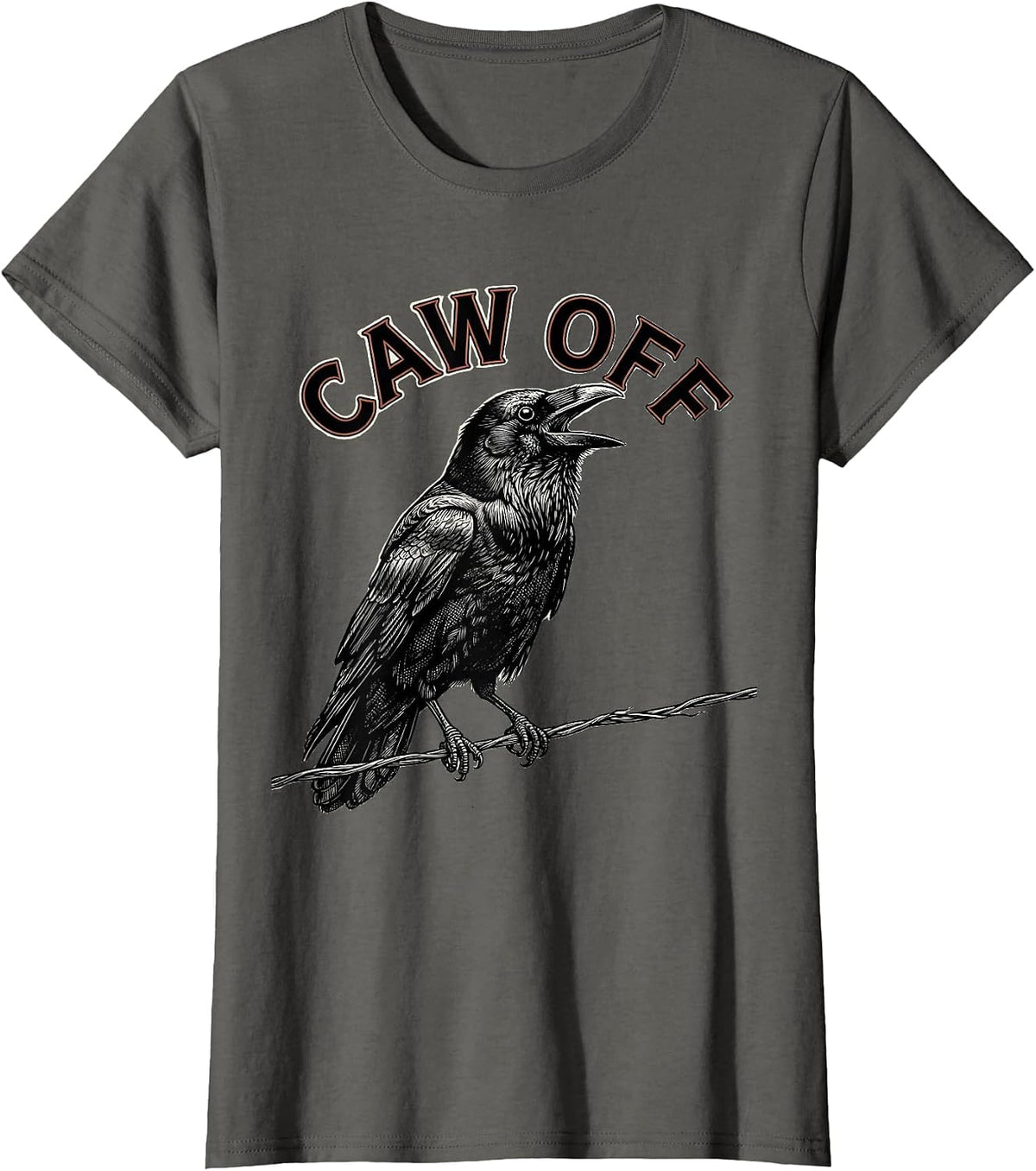 Women's CAW OFF Crosshatch Etching Crow Bird-Pun Humor T-Shirt - Asphalt Grey
