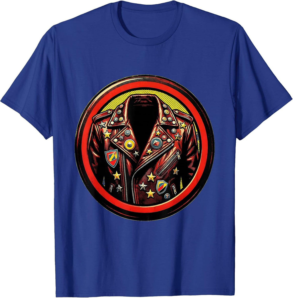 Rock and Roll Leather Jacket Pins and Patches Graphic T-Shirt - Royal Blue