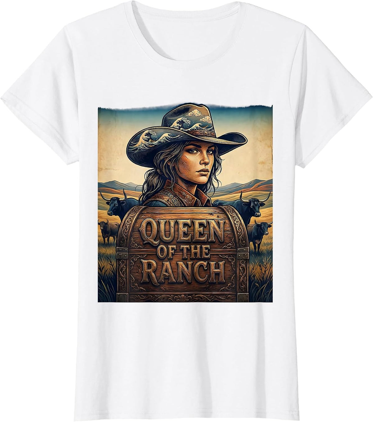 Queen of the Ranch Cow Design T-Shirt - White