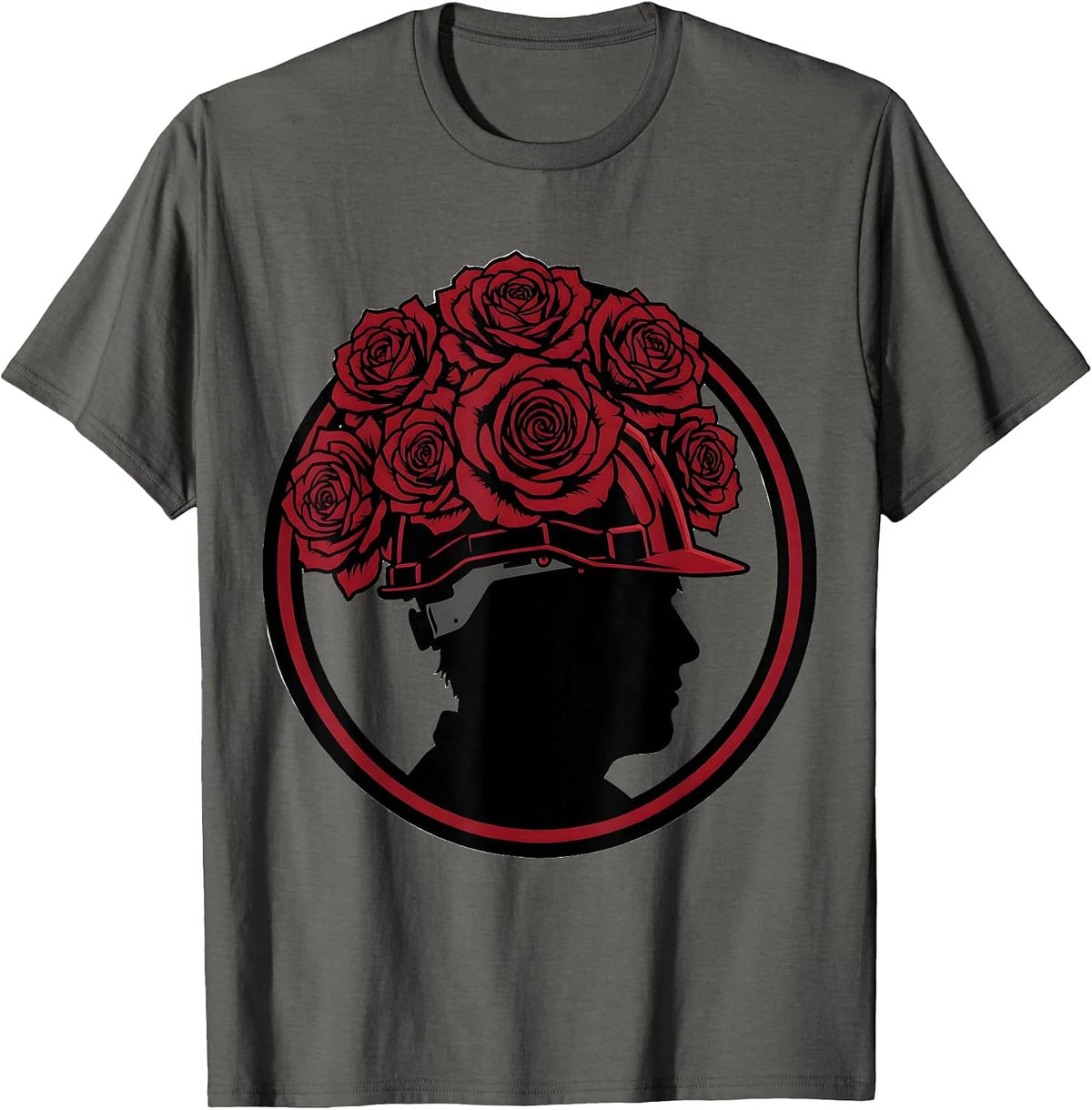 Rosie the Riveter Hard Hat Red Roses Graphic T-Shirt - Asphalt Grey