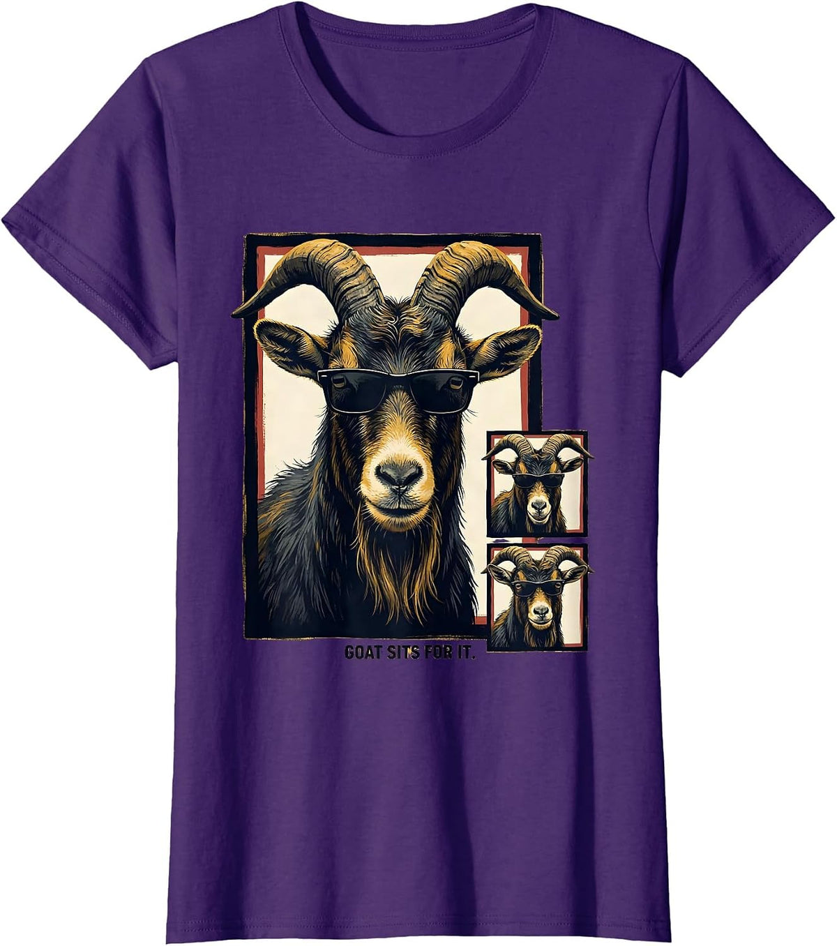 Women's Goat Sits For It Funny Farm Animal Portrait Photobooth T-Shirt - Purple