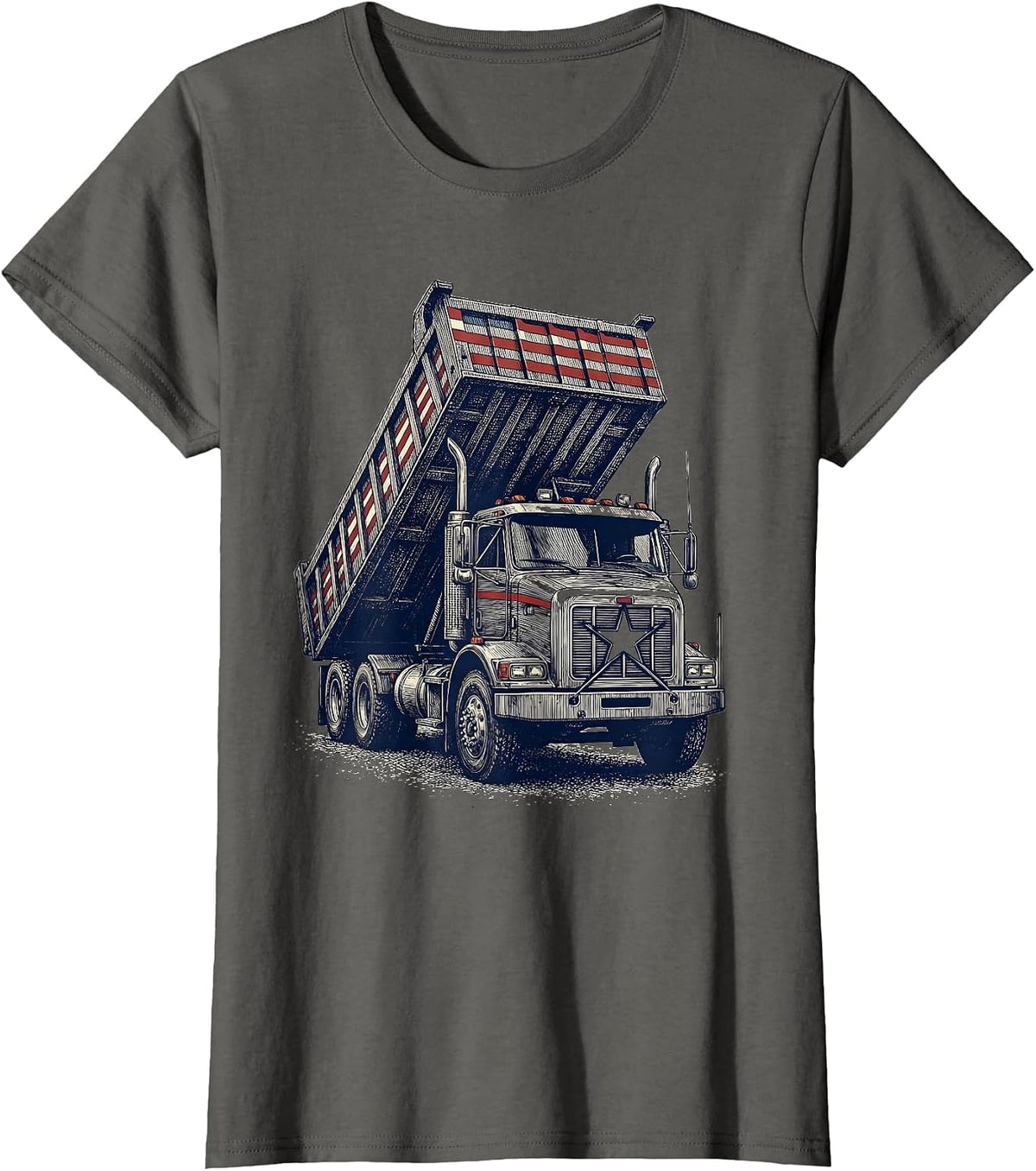 Women's Heavy Dump Truck Crosshatch Etching Patriotic Driver T-Shirt - Asphalt Grey