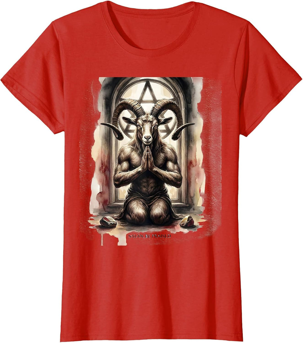 Satan Be Praised Watercolor Baphomet Occult Goth Symbol T-Shirt - Red
