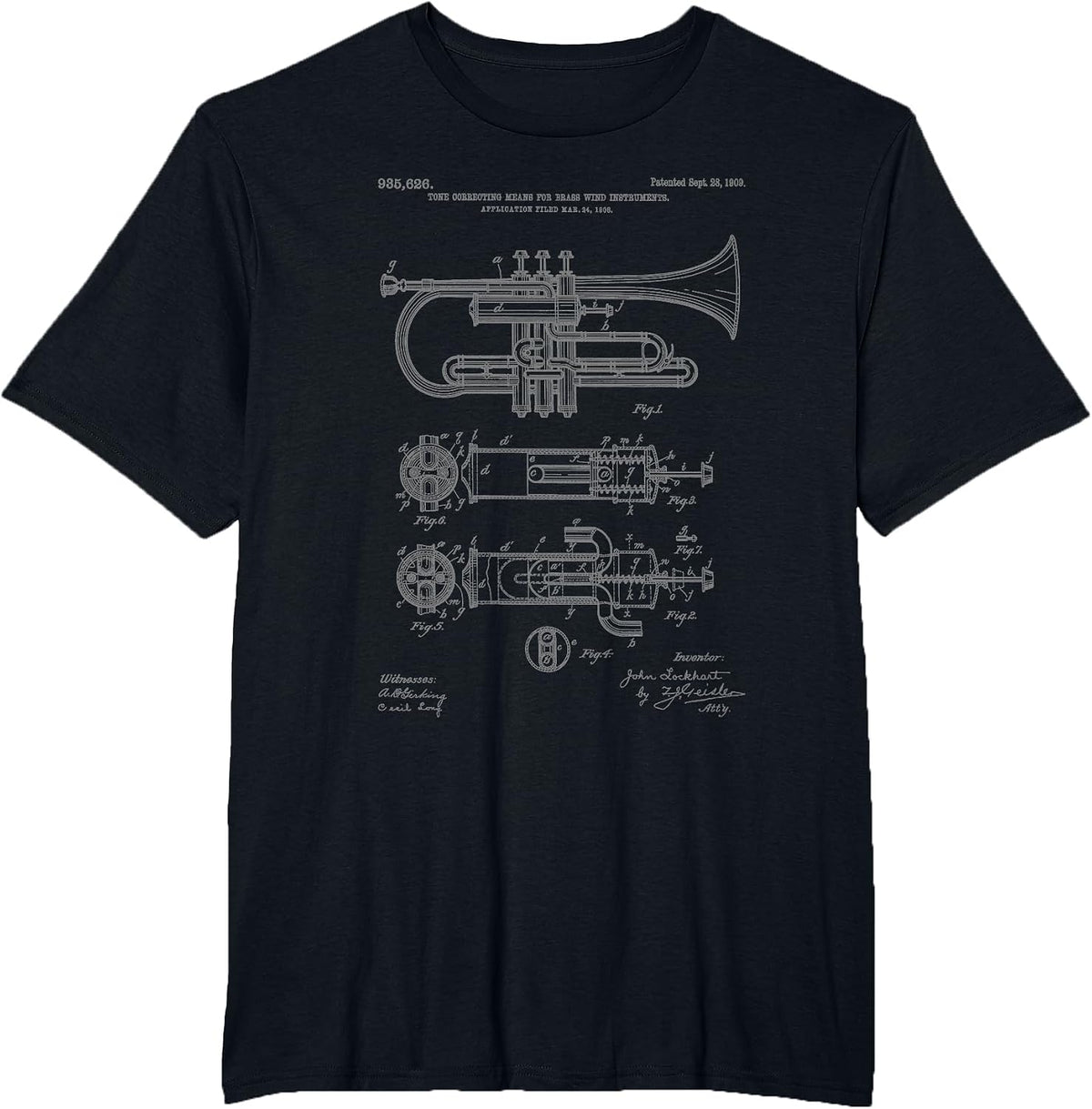 Trumpet Blueprint Vintage Patent Instrument Trumpet Player T-Shirt - Black