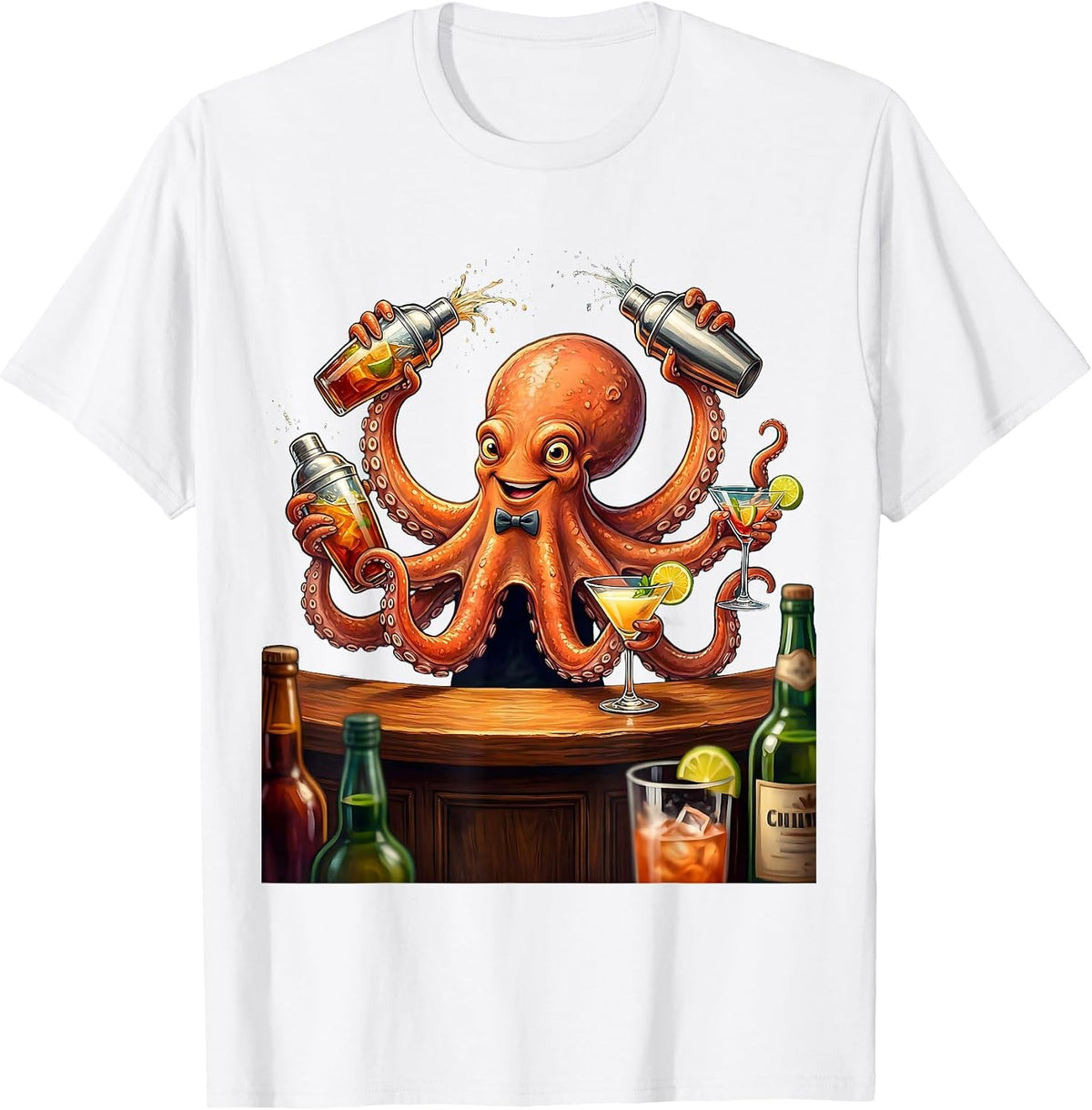 Octopus Bartender Cocktail Shaker Drinking Art T-Shirt - White