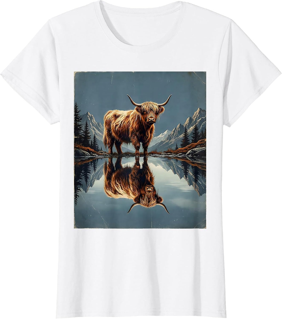 Highland Cow Reflection Mountain Lake Illustration T-Shirt - White