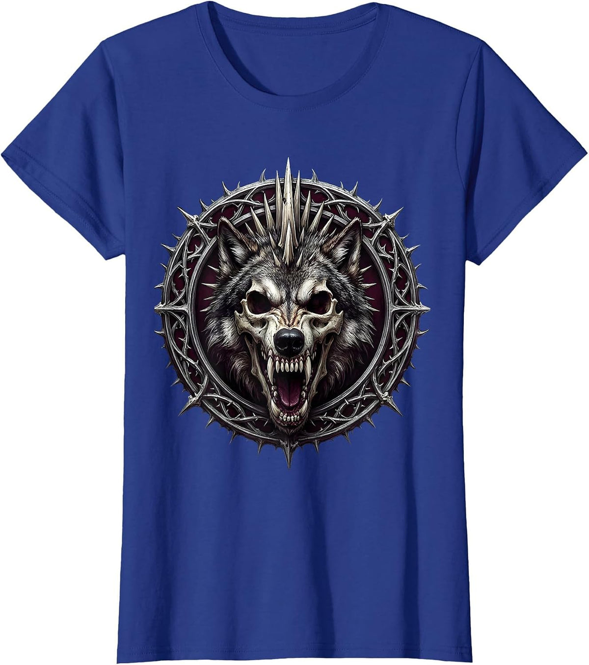 Women's Grunge Wolf Skull Mohawk Snarl Graphic T-Shirt - Royal Blue