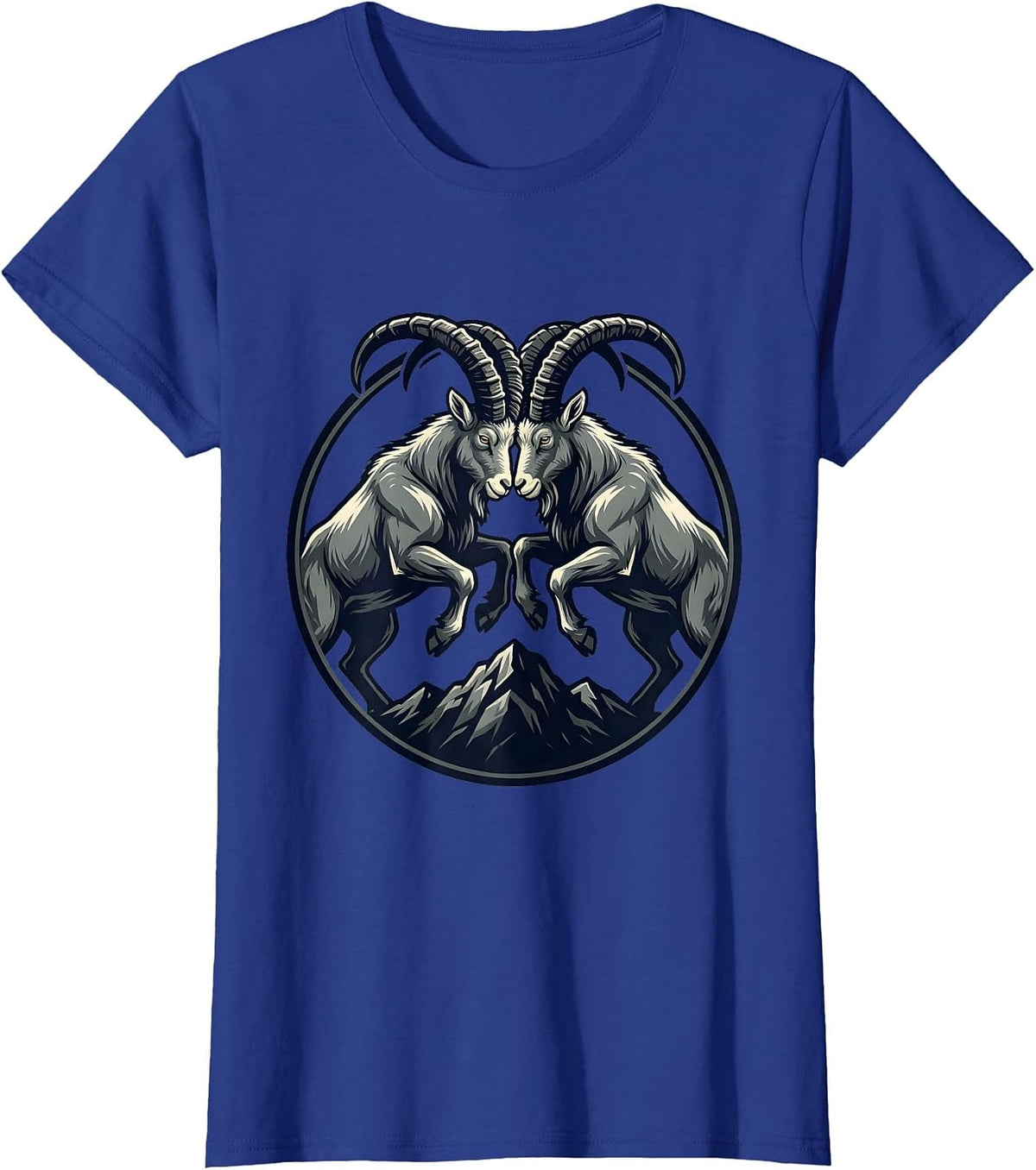 Women's Two Goats Clashing Horns on a Hilltop Graphic T-Shirt - Royal Blue