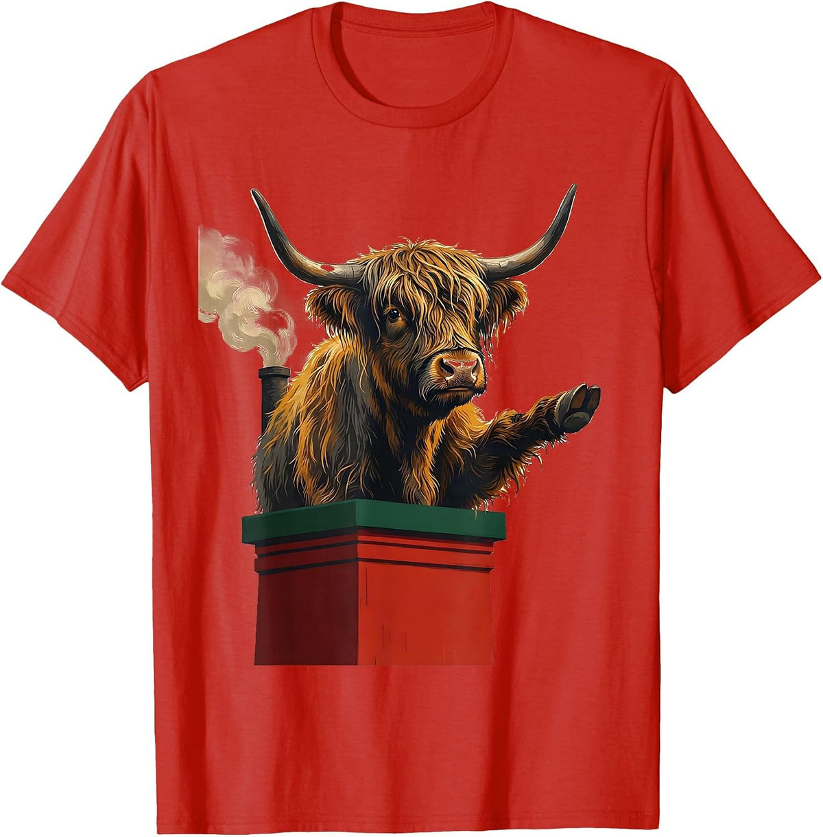 Men's Shaggy Highland Cow Cozy Farm Holiday Humor T-Shirt - Red