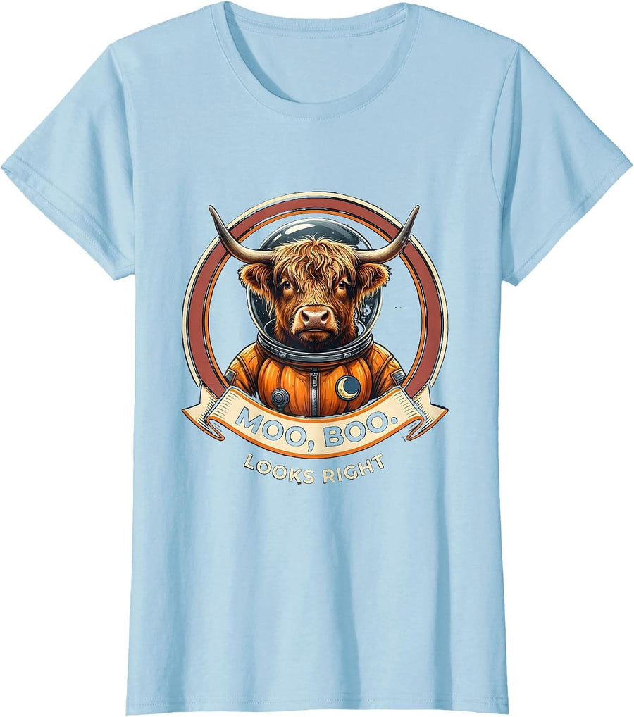 Women's Moo Boo Looks Right Highland Cow Halloween Costume Humor T-Shirt - Baby Blue