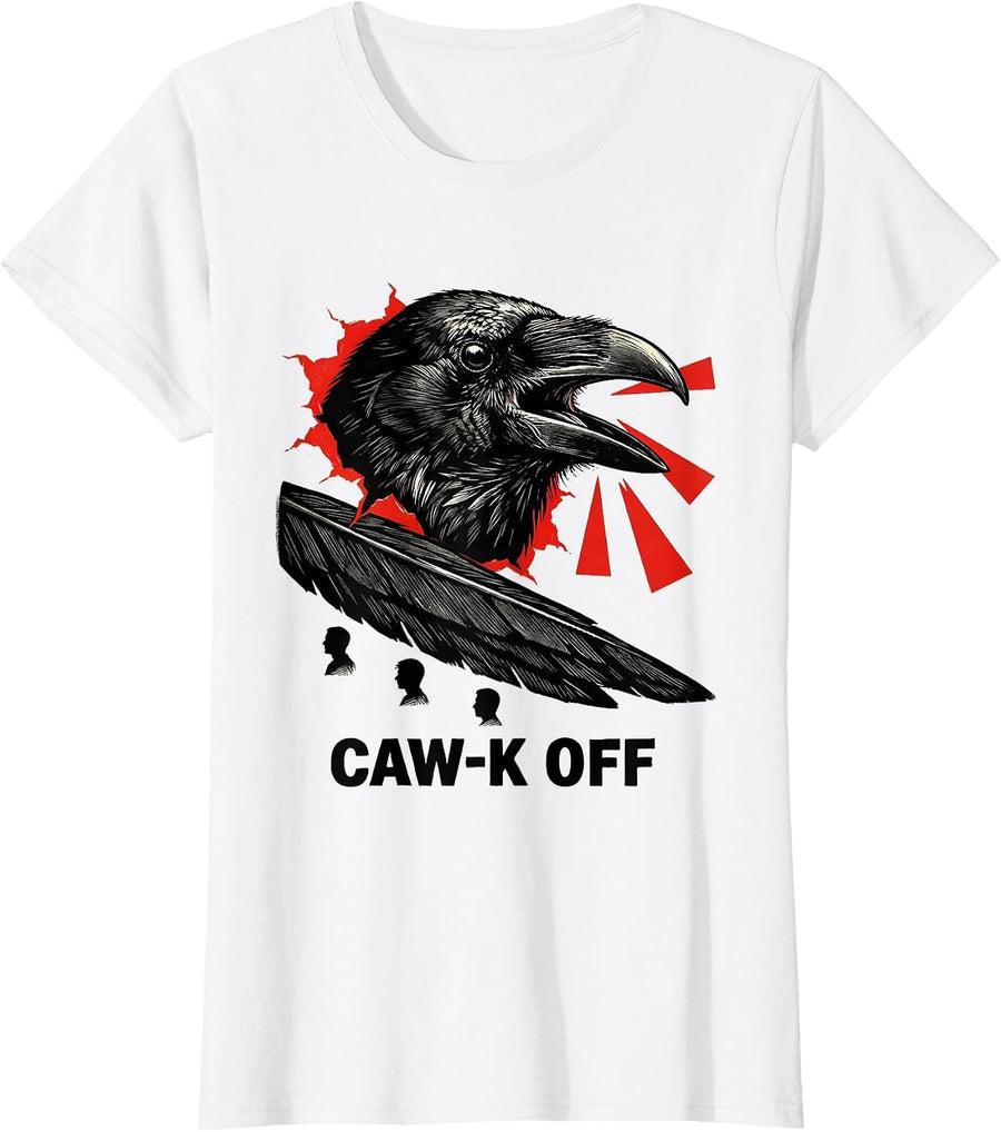 Women's Caw-K Off Linocut Crow Dark Humor Gothic Halloween T-Shirt - White