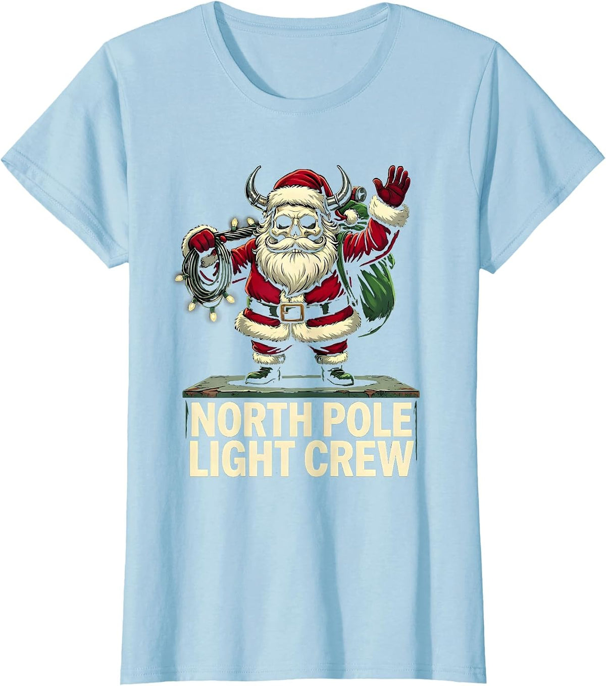 Women's North Pole Light Crew Cartoon Heavy Metal Santa Claus T-Shirt - Baby Blue
