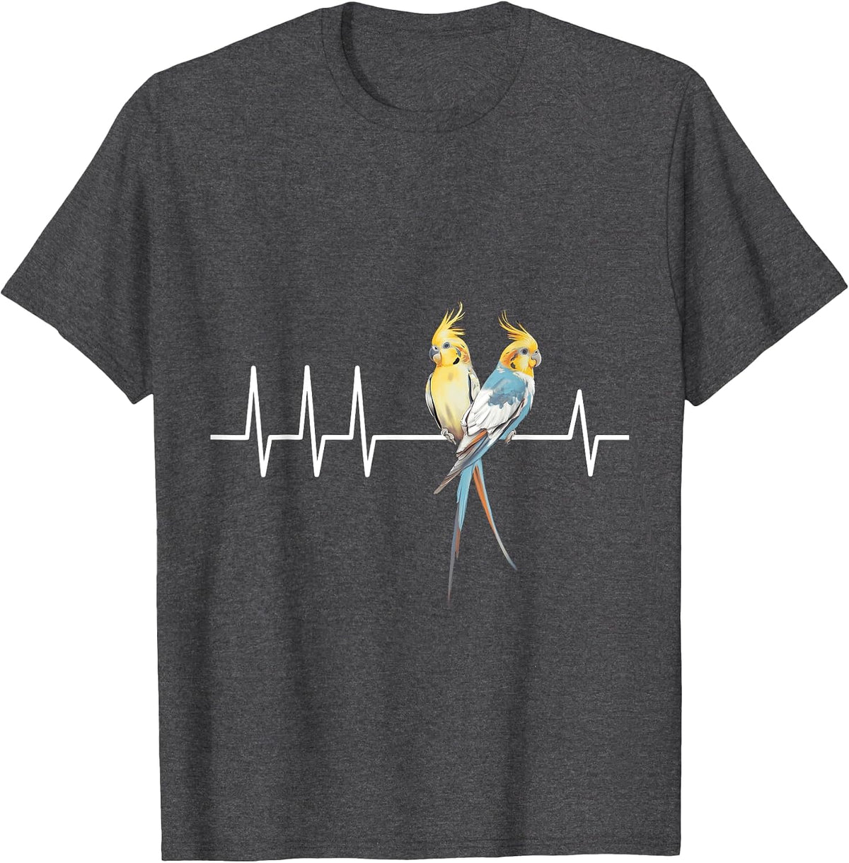 Cockatiel Birds on Heartbeat Line Vibrant Parrot Art Print T-Shirt - Dark Heather Grey