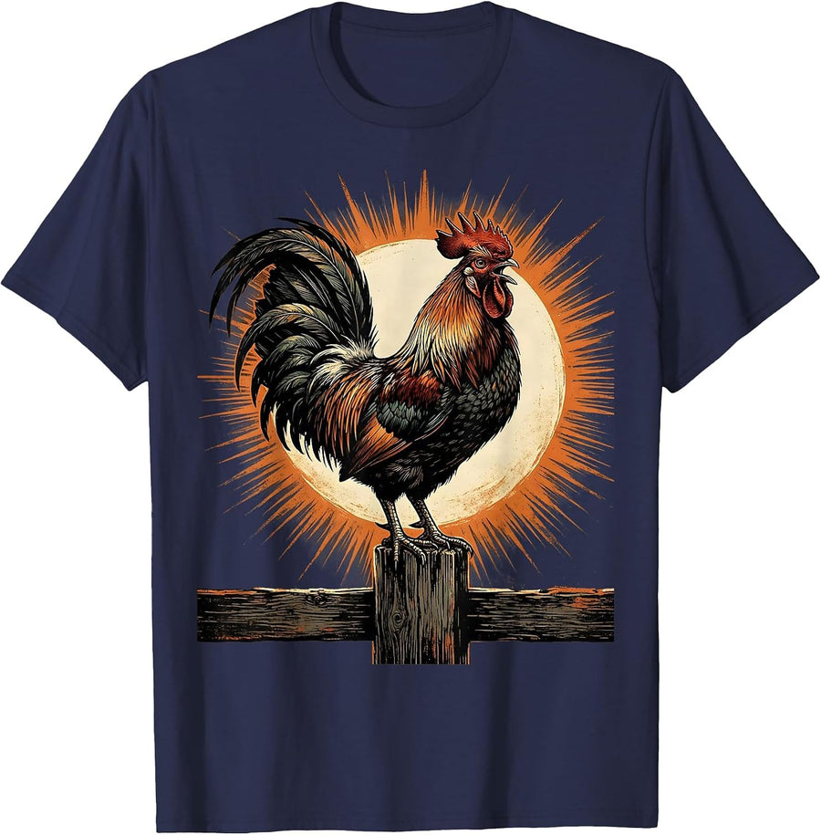Rooster Crowing at Sunrise Graphic Design T-Shirt - Navy Blue
