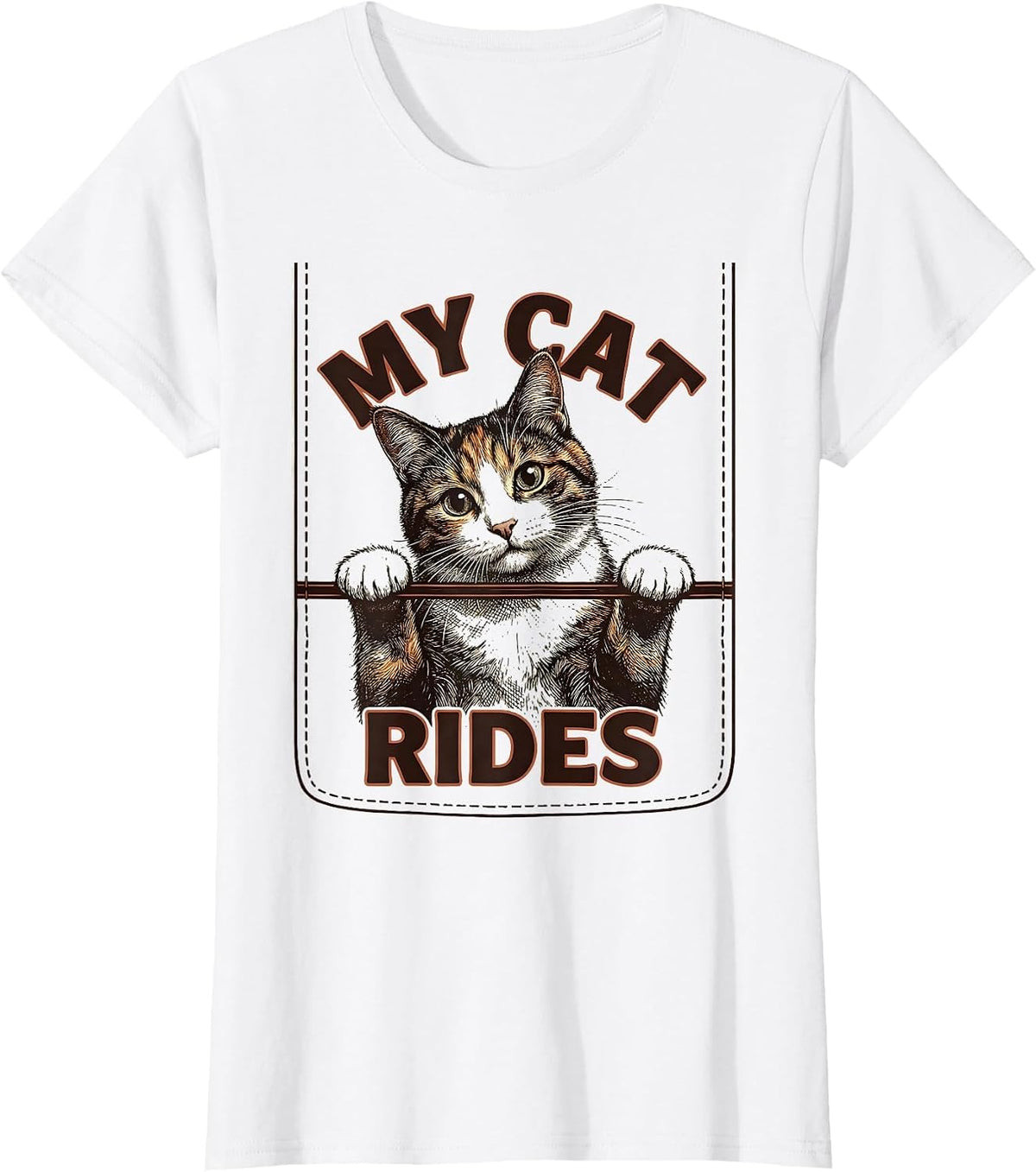 Women's My Cat Rides Funny Cat Lover Pet Portrait Casual Wear T-Shirt - White