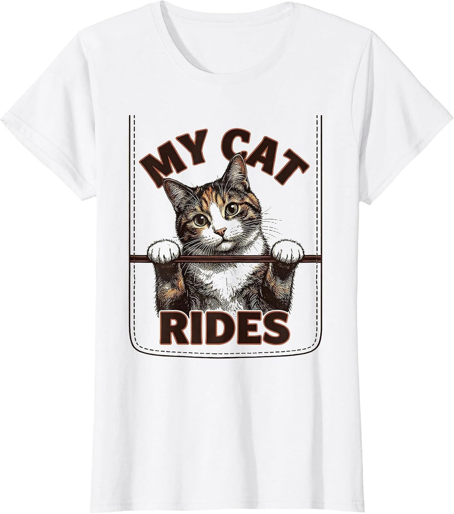 Women's My Cat Rides Funny Cat Lover Pet Portrait Casual Wear T-Shirt - White