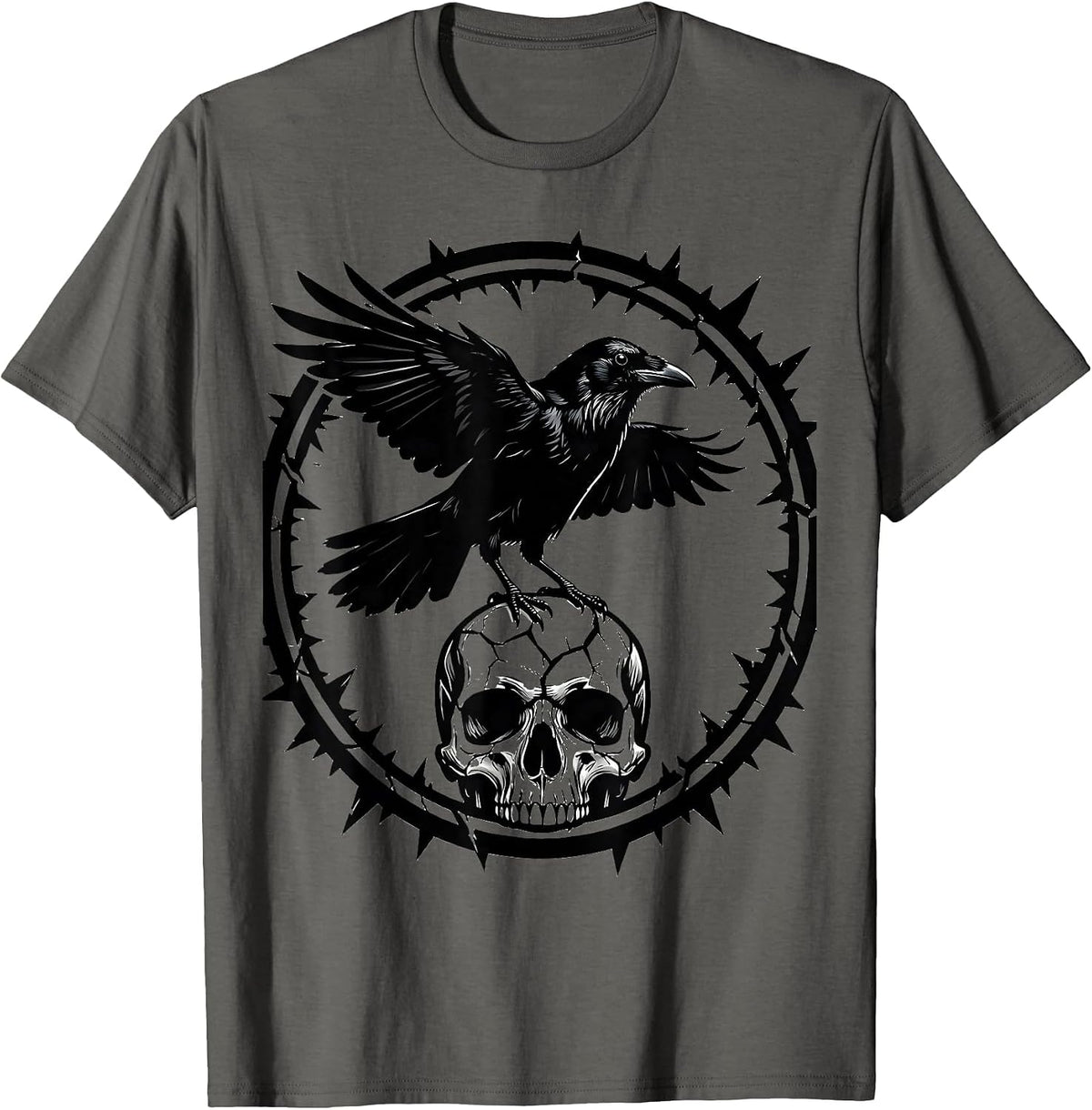 Men's Crow Perched on Skull Dark Gothic Horror Design T-Shirt - Asphalt Grey
