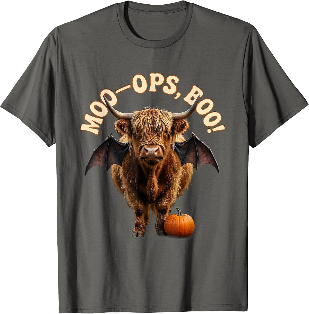 Moo—Oops, Boo! Whimsical Highland Cow Halloween Fall Family T-Shirt - Asphalt Grey