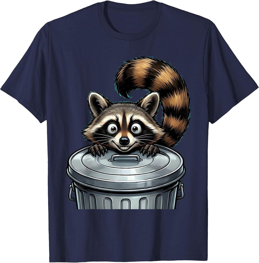 Raccoon Peeking Over Garbage Can Lid T-Shirt - Navy Blue