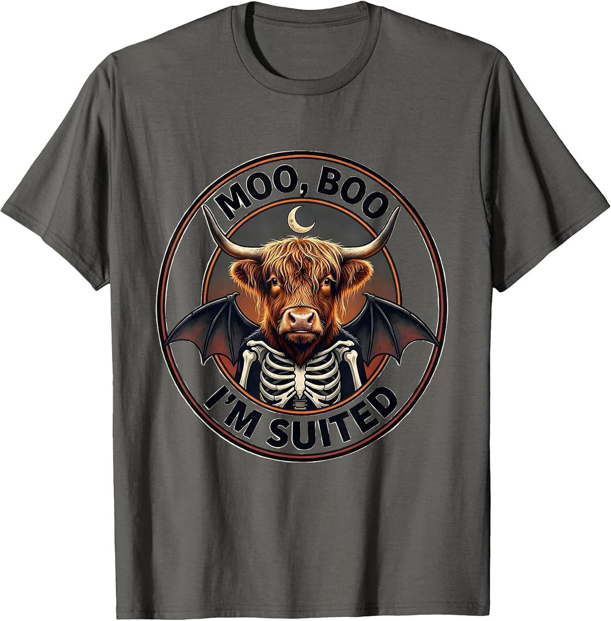 Moo, Boo, I'm Suited Funny Highland Cow Halloween Costume T-Shirt - Asphalt Grey