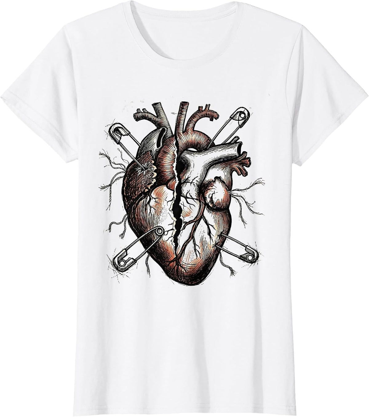 Grunge Safety Pin Torn Heart Illustration T-Shirt - White